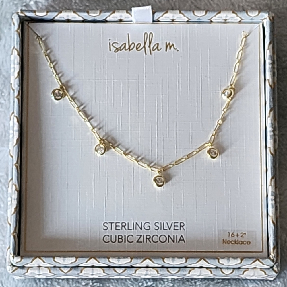 Gold on Sterling Silver Round Bezel Cubic Zirconia Satellite Necklace 16+2" NEW!